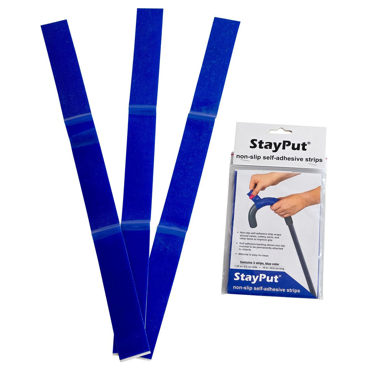 Stayput non-slip material, self-adhesive strips, 1.25" x 16", pack of 3 strips, blue