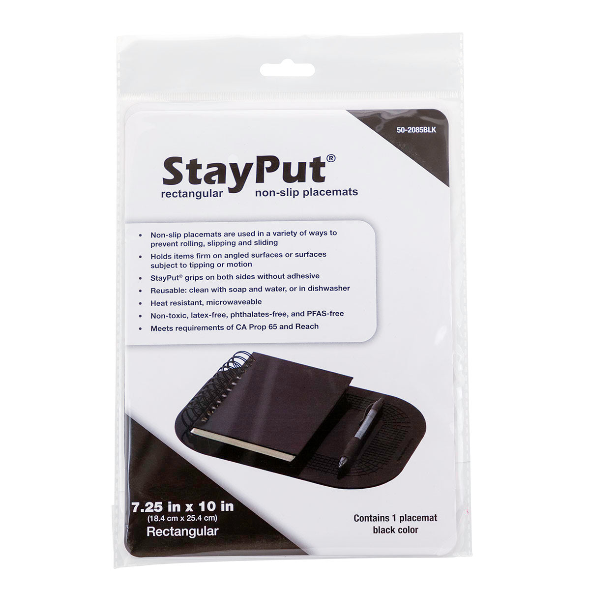 Stayput non-slip placemat, rectangular pad, 7.25'' x 10'', black
