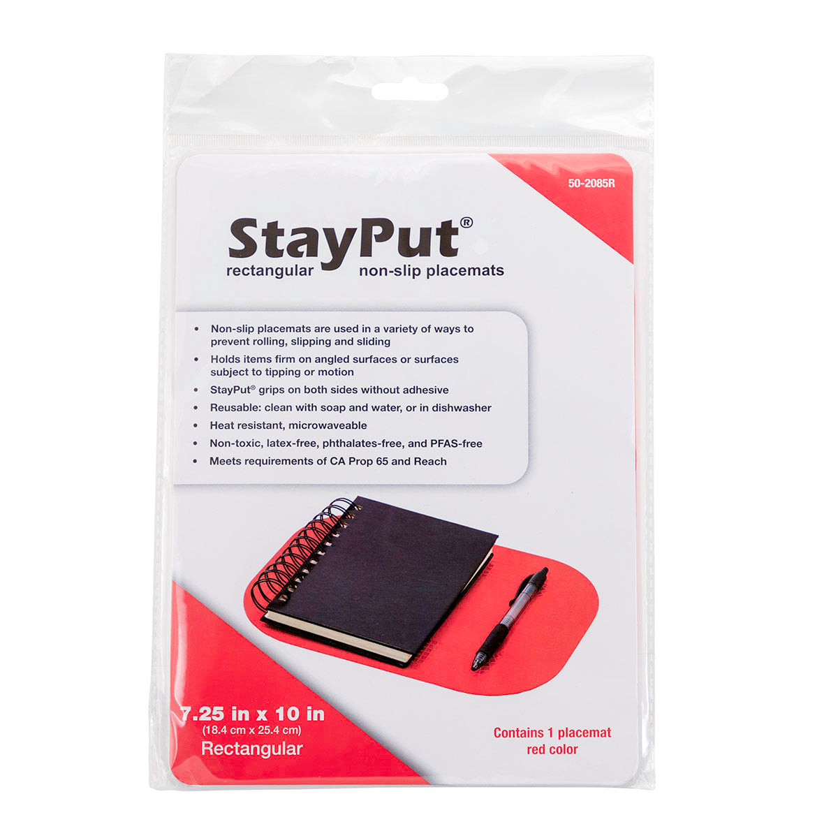 Stayput non-slip placemat, rectangular pad, 7.25'' x 10'', red