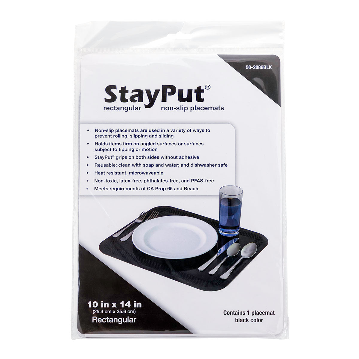 Stayput non-slip placemat, rectangular pad, 10'' x 14'', black