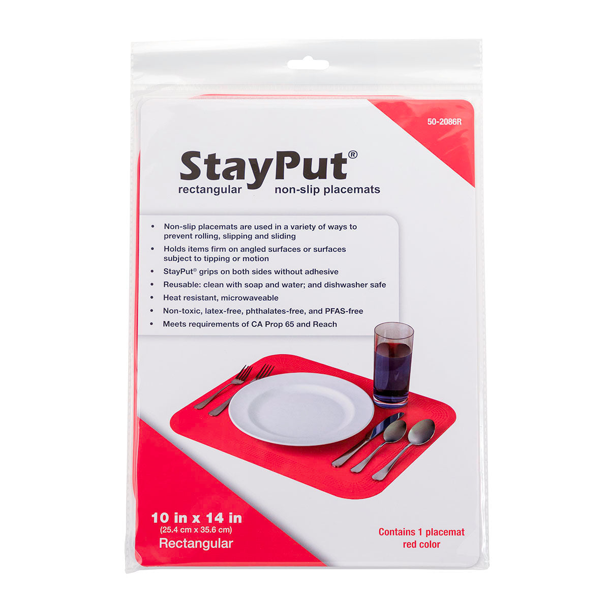Stayput non-slip placemat, rectangular pad, 10'' x 14'', red
