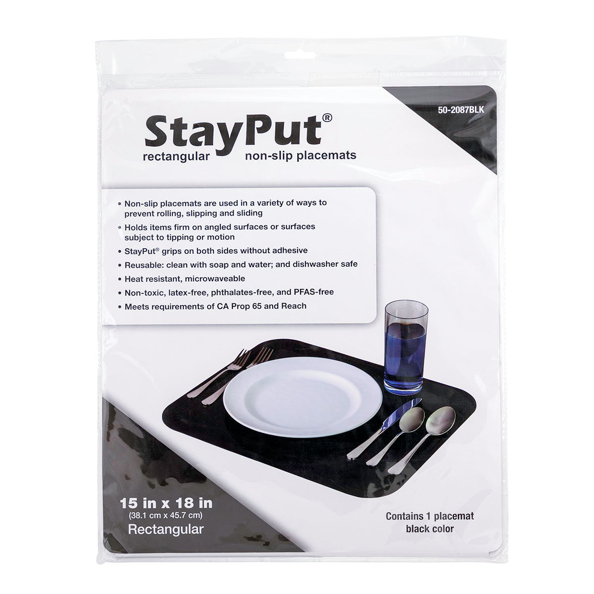 Stayput non-slip placemat, rectangular pad, 15'' x 18'', black