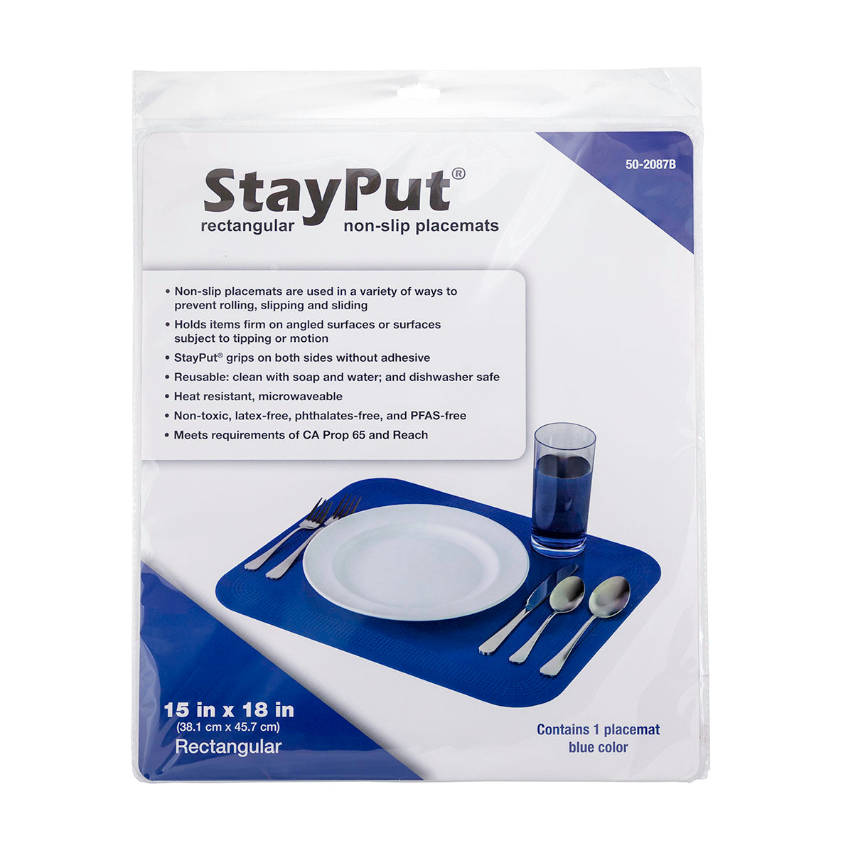 Stayput non-slip placemat, rectangular pad, 15'' x 18'', blue