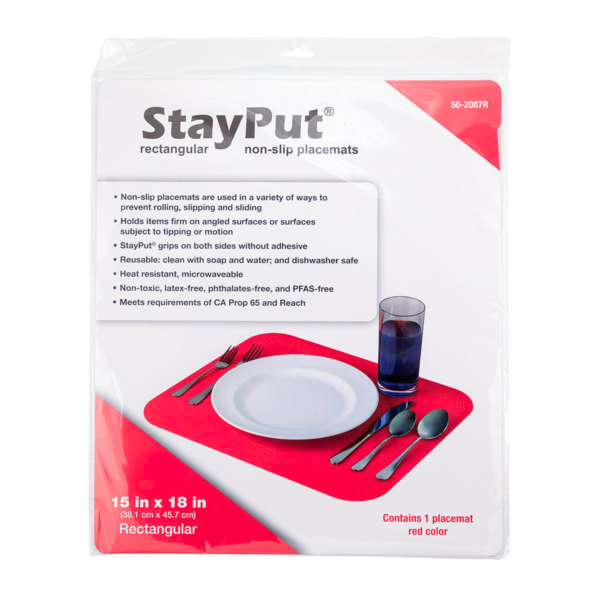 Stayput non-slip placemat, rectangular pad, 15'' x 18'', red