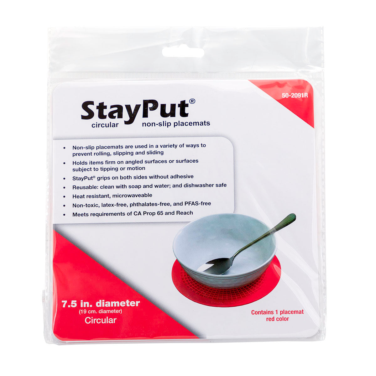 Stayput non-slip placemat, circular pad, 7.5'', red