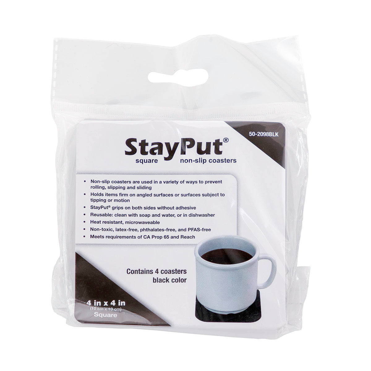 Stayput non-slip placemat, square coasters, 4'' x 4'', black, set of 4