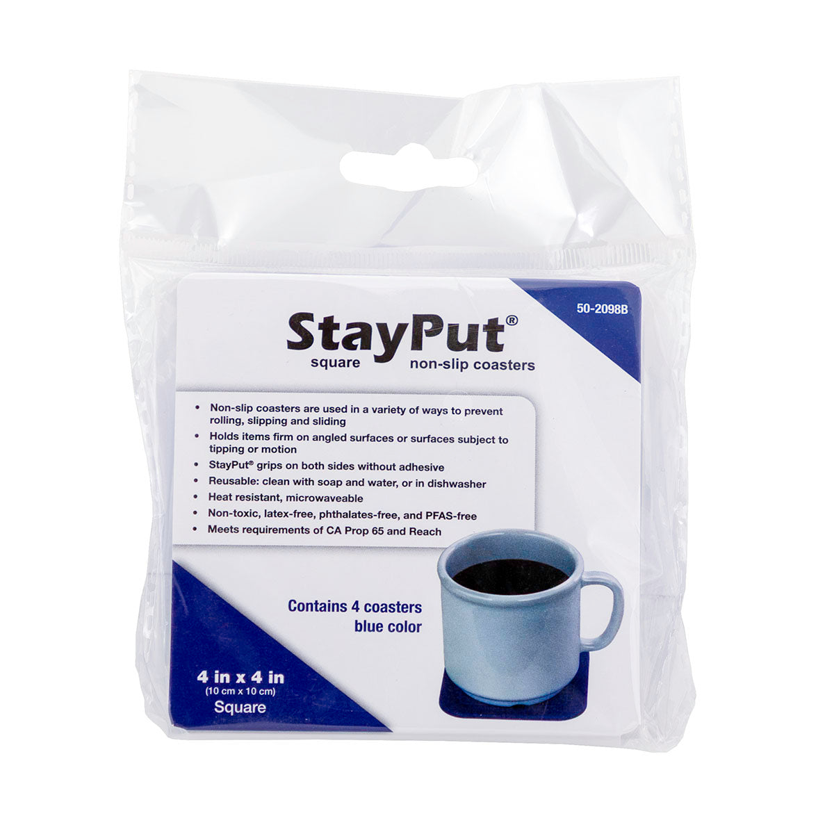 Stayput non-slip placemat, square coasters, 4'' x 4'', blue, set of 4