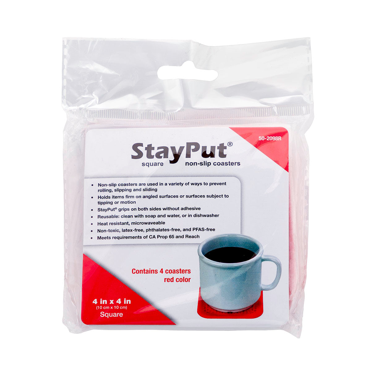 Stayput non-slip placemat, square coasters, 4'' x 4'', red, set of 4