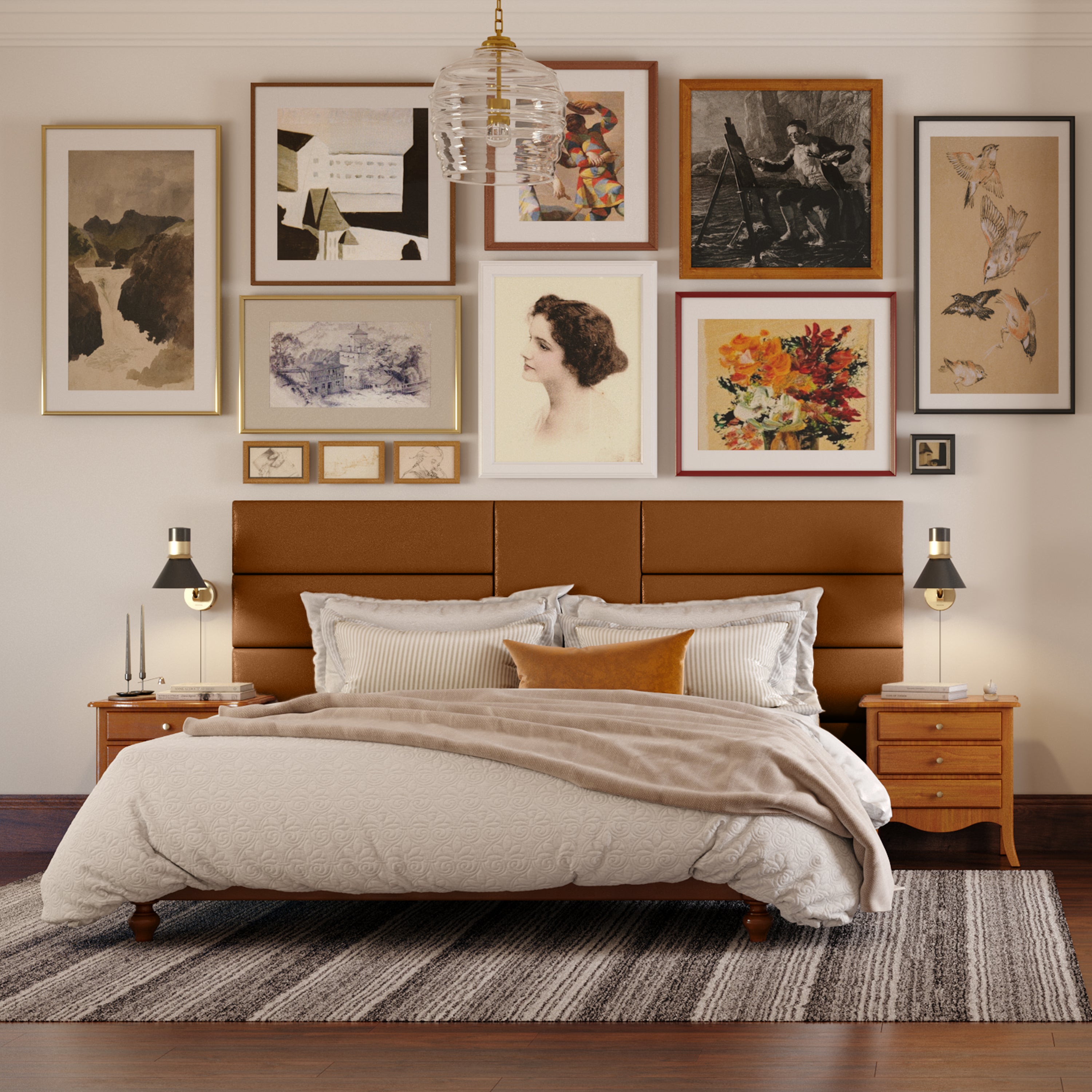 Jaxx Panelist Modern Padded Headboard – Set of 4 Wall Mounted Panels (Each 11.25" x 30") - Queen, Vegan Leather, Tiger Eye Brown