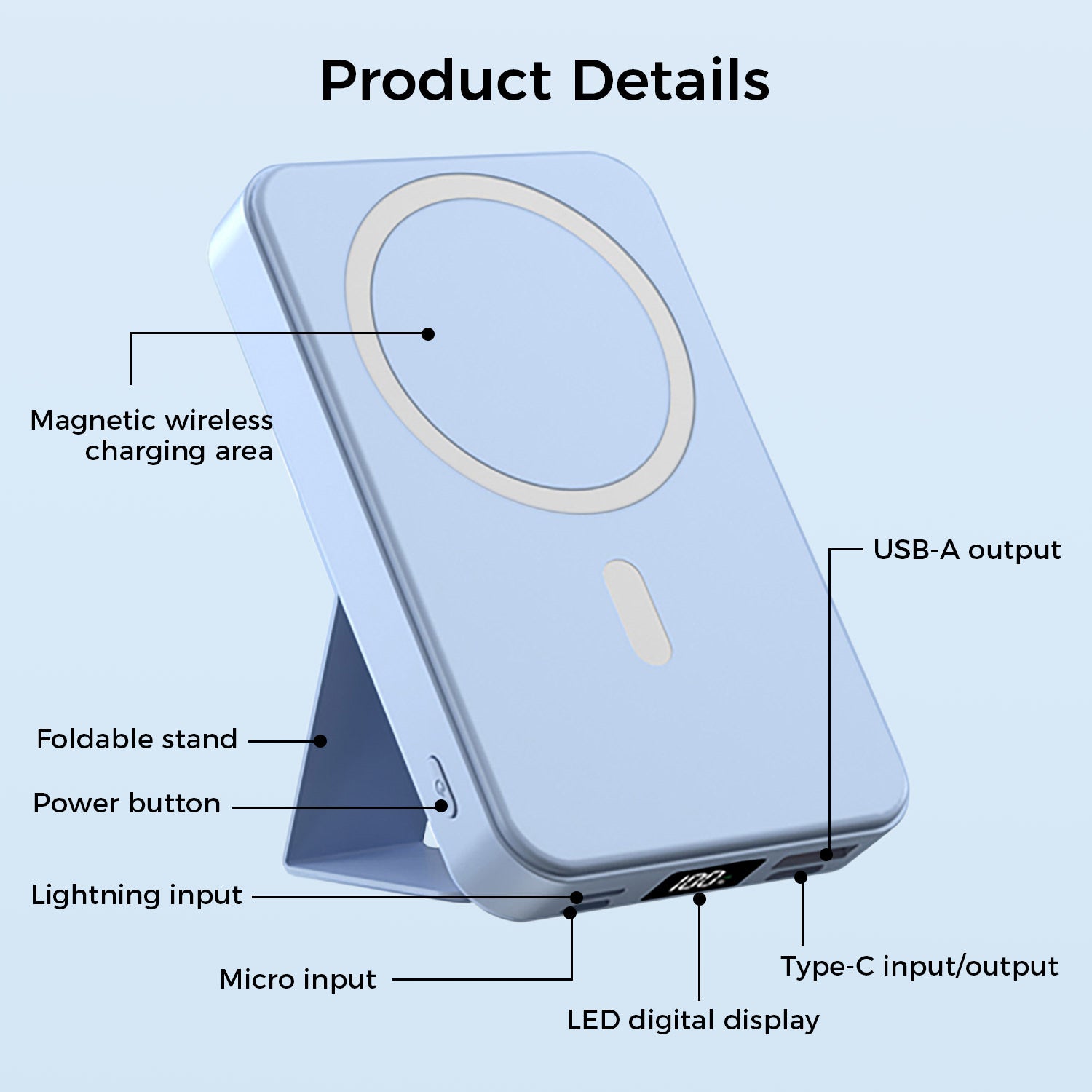10,000mAh Magnetic Wireless Charge Power Bank with Foldable Stand, Blue