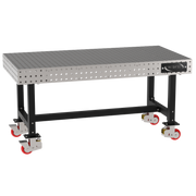 Welding Fixture Table, Fixed Height, 36"H x 72"L x 36"D, 1/4" Carbon Steel Top, Four Black Powdercoat Legs, 4 Heavy Duty Suspension Casters (2 Locking/Swiveling Casters and 2 Non-Locking/Non-SwivelingCasters)