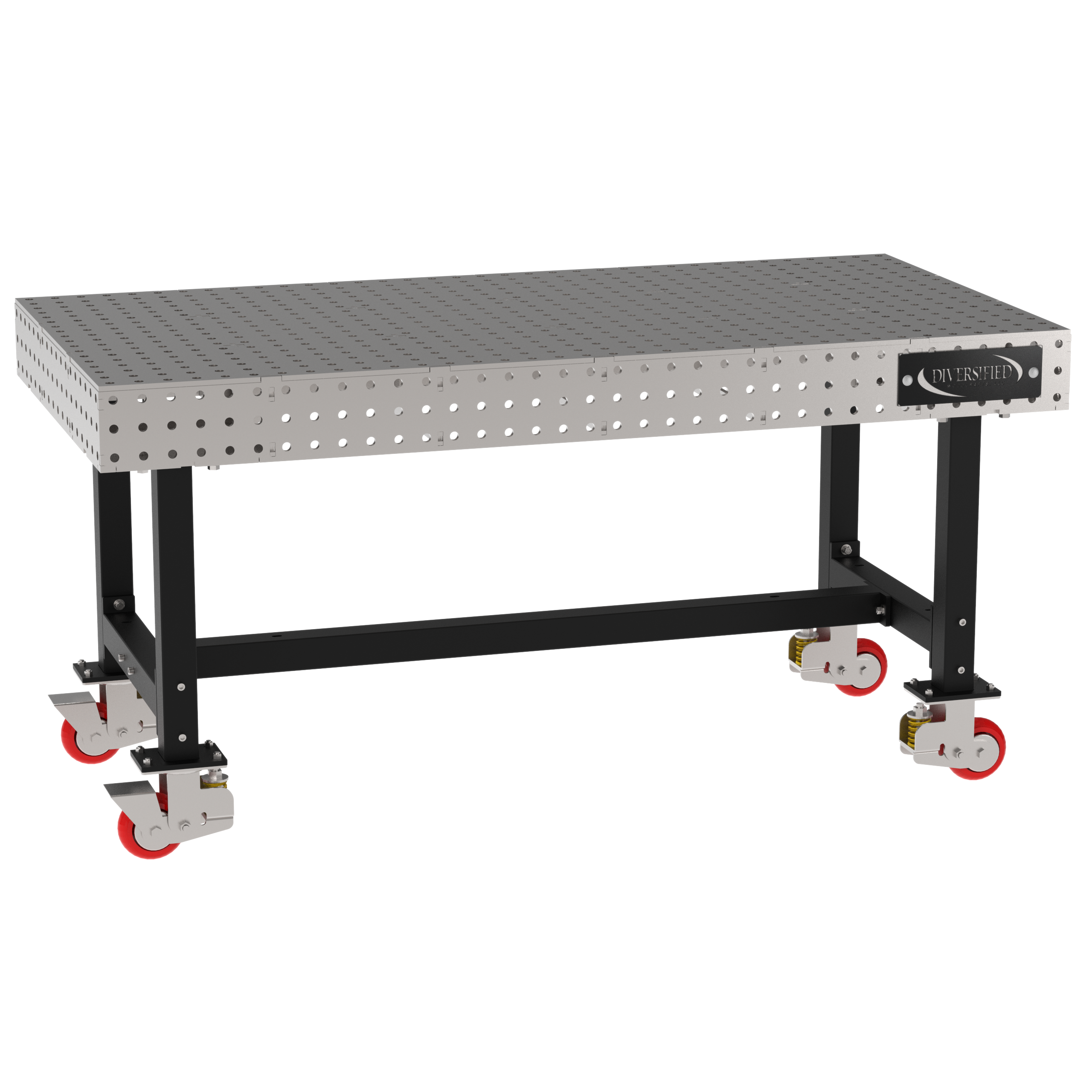 Welding Fixture Table, Fixed Height, 36"H x 72"L x 36"D, 1/4" Carbon Steel Top, Four Black Powdercoat Legs, 4 Heavy Duty Suspension Casters (2 Locking/Swiveling Casters and 2 Non-Locking/Non-SwivelingCasters)