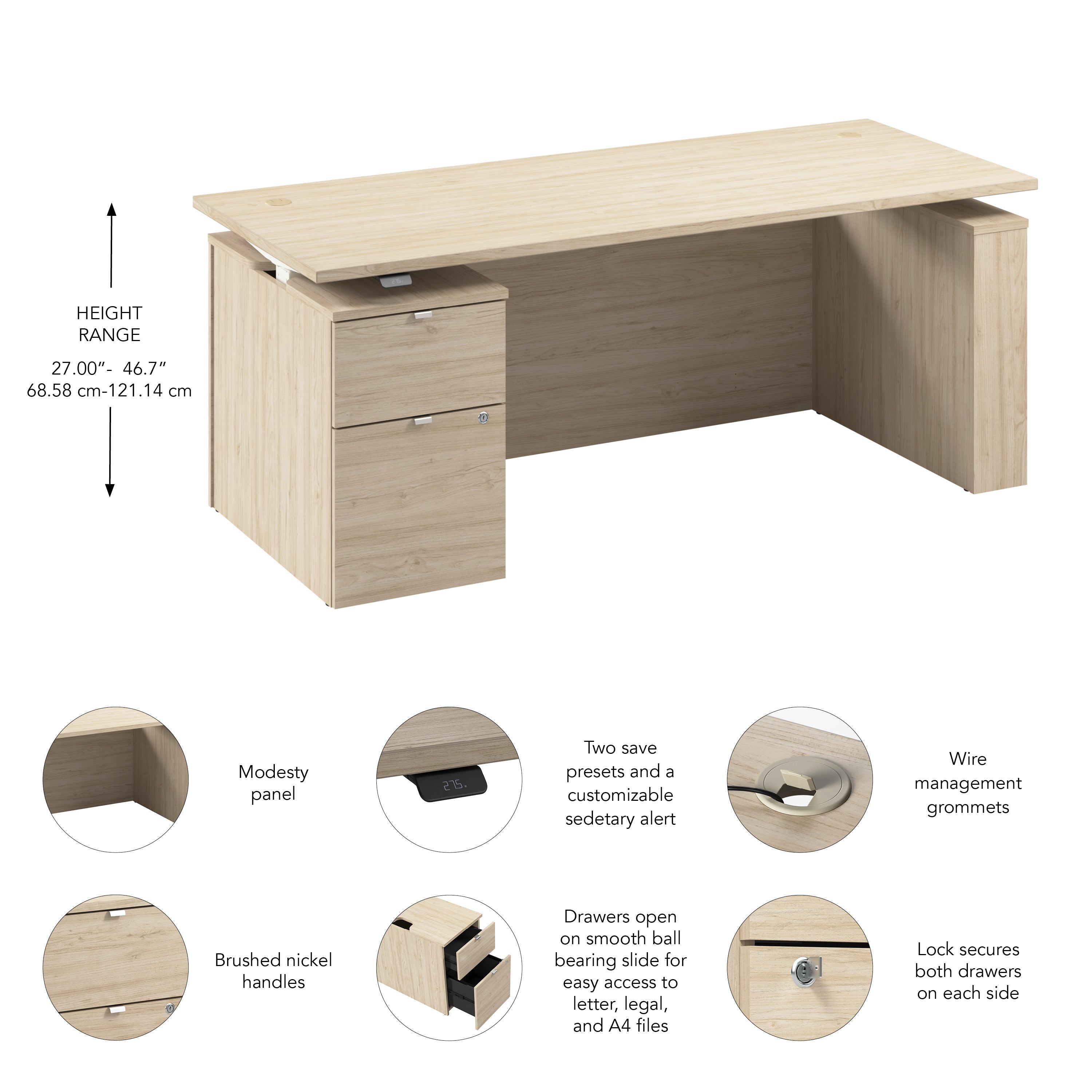 Bush Business Furniture Stratus&nbsp;72W x&nbsp;30D Eletric Height Adjustable Standing Desk with File Cabinet in Natural Elm with White Base - 71.02" Width x 29.37" Depth x 27.44" Height