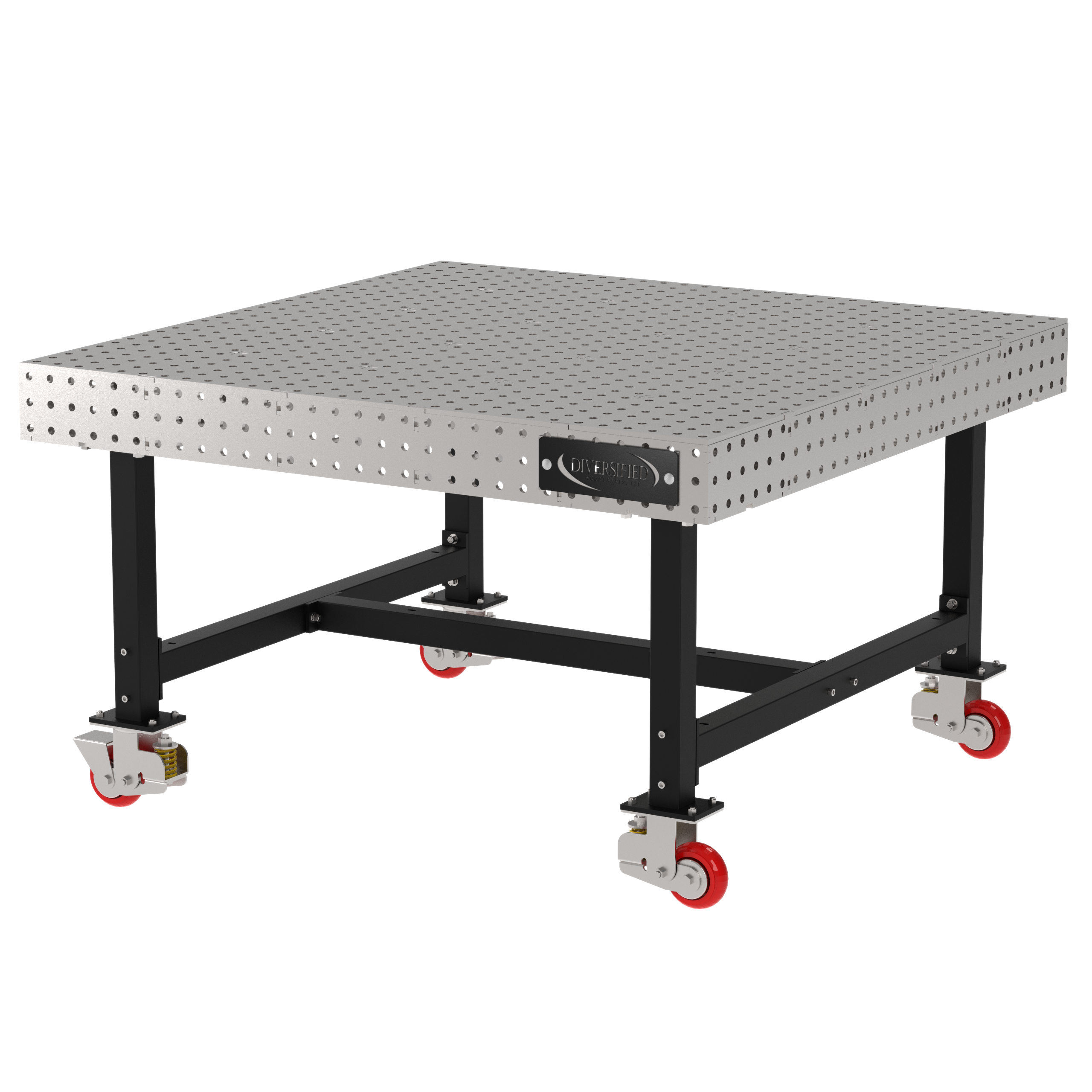 Welding Fixture Table, Fixed Height, 36"H x 60"L x 60"D, 1/4" Carbon Steel Top, Four Black Powdercoat Legs, 4 Heavy Duty Suspension Casters (2 Locking/Swiveling Casters and 2 Non-Locking/Non-SwivelingCasters)