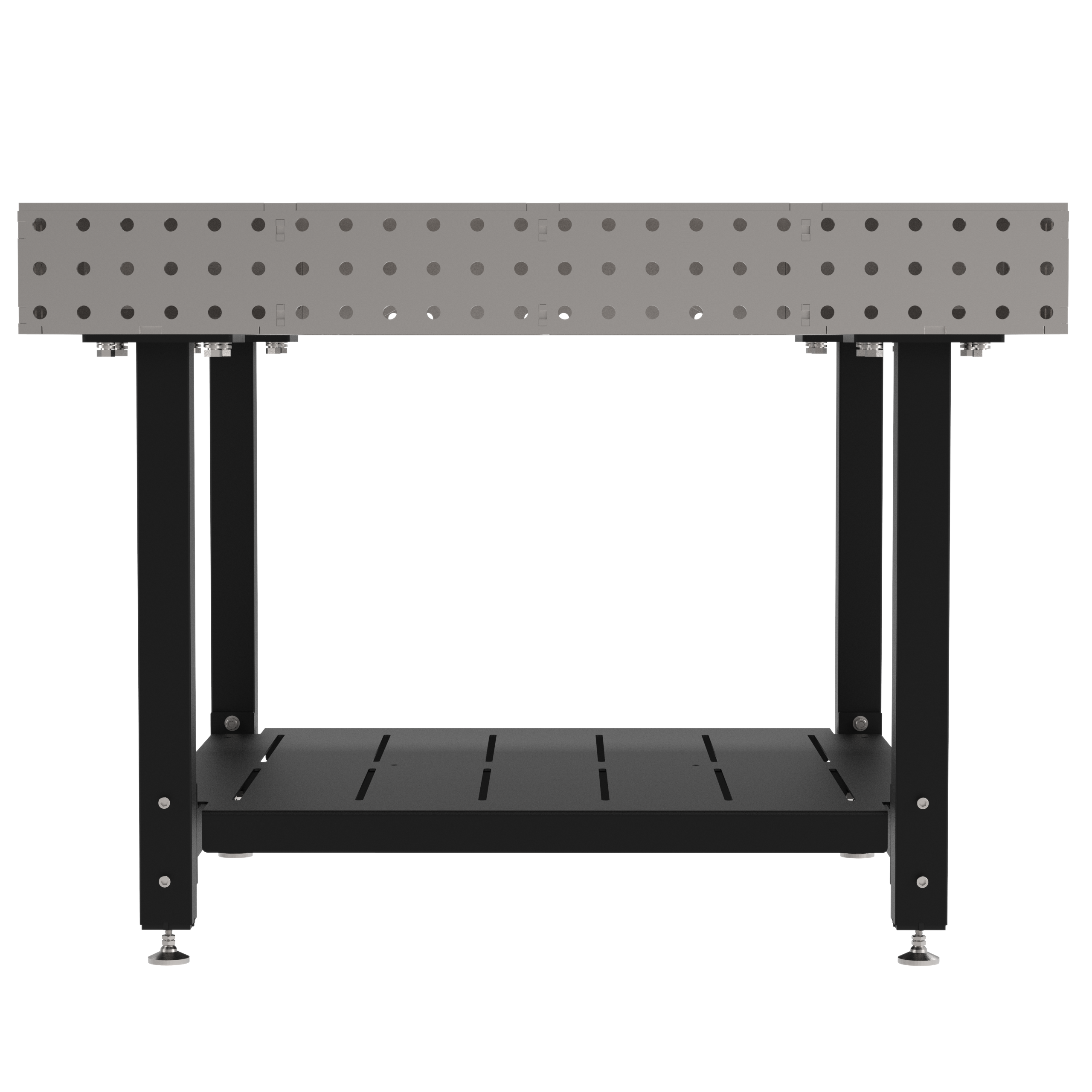 Welding Fixture Table, Fixed Height, 36"H x 48"L x 48"D, 1/4" Carbon Steel Top, Four Black Powdercoat Legs, Shelf, Self-Leveling Feet