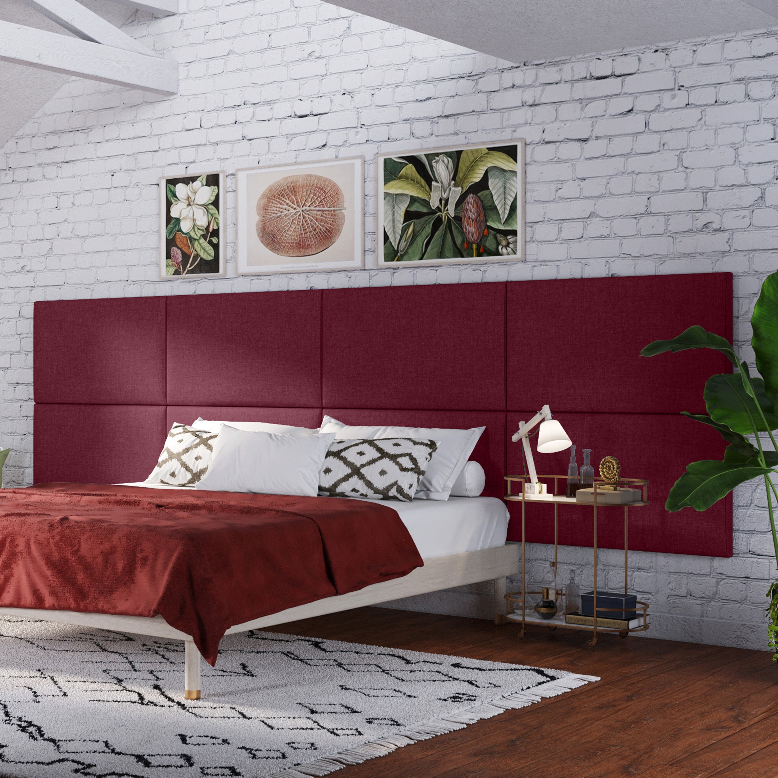 Jaxx Panelist Modern Padded Headboard- Set of 2 Wall Mounted Panels (Each 22.5" x 38")- King Double Tall, Microvelvet Vino Red