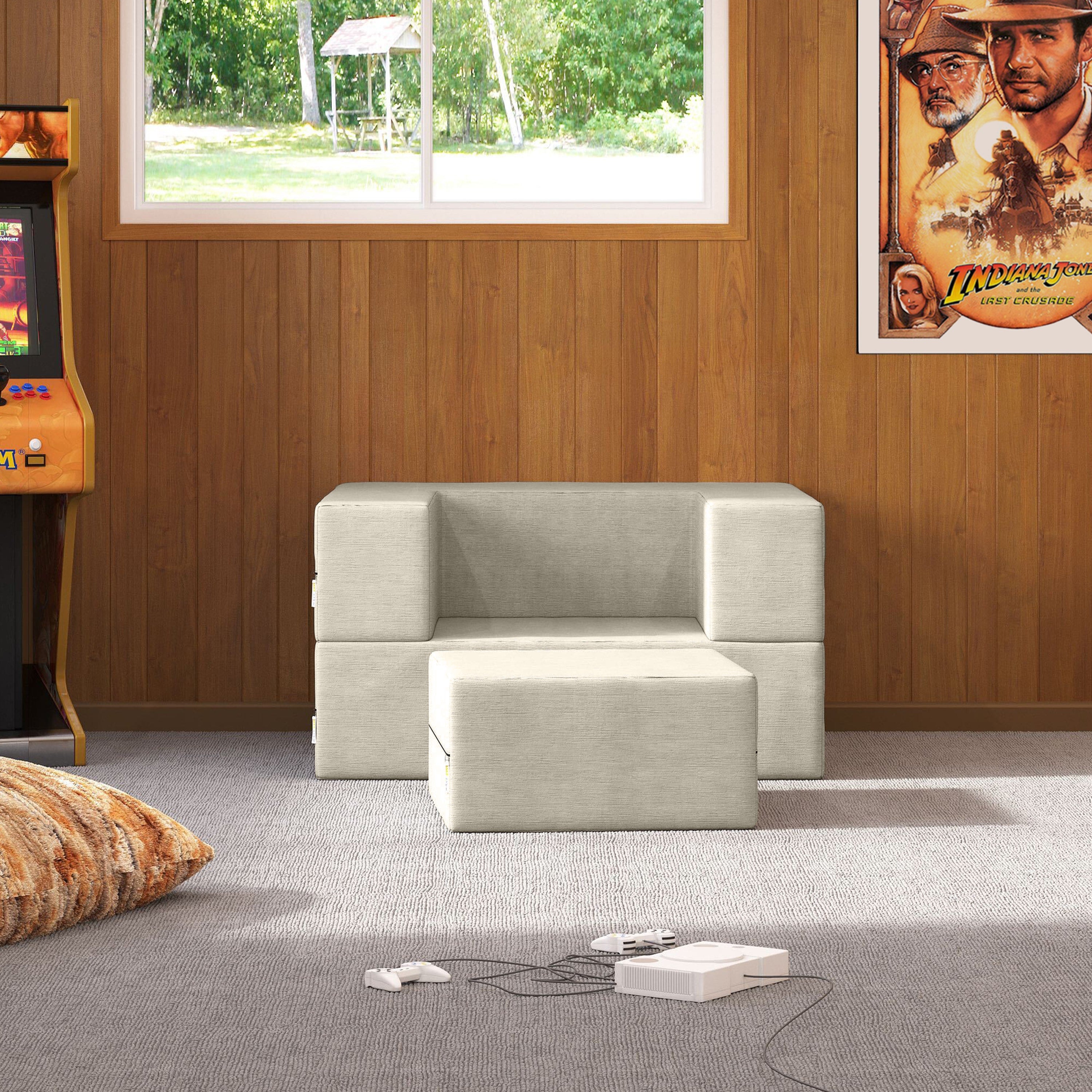 Jaxx Zipline Convertible Sleeper Futon Chair & Ottoman with Machine-Washable Cover, Ivory