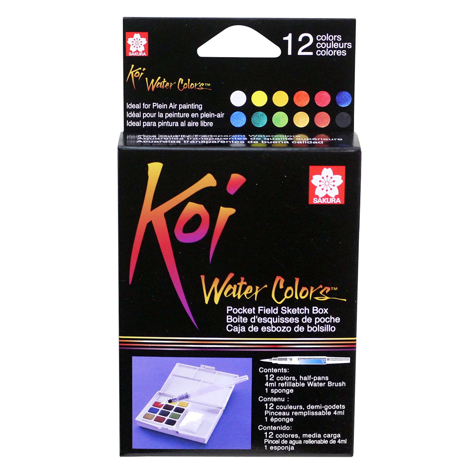 Koi Water Colors Field Sketch Box with Brush, 12 Colors
