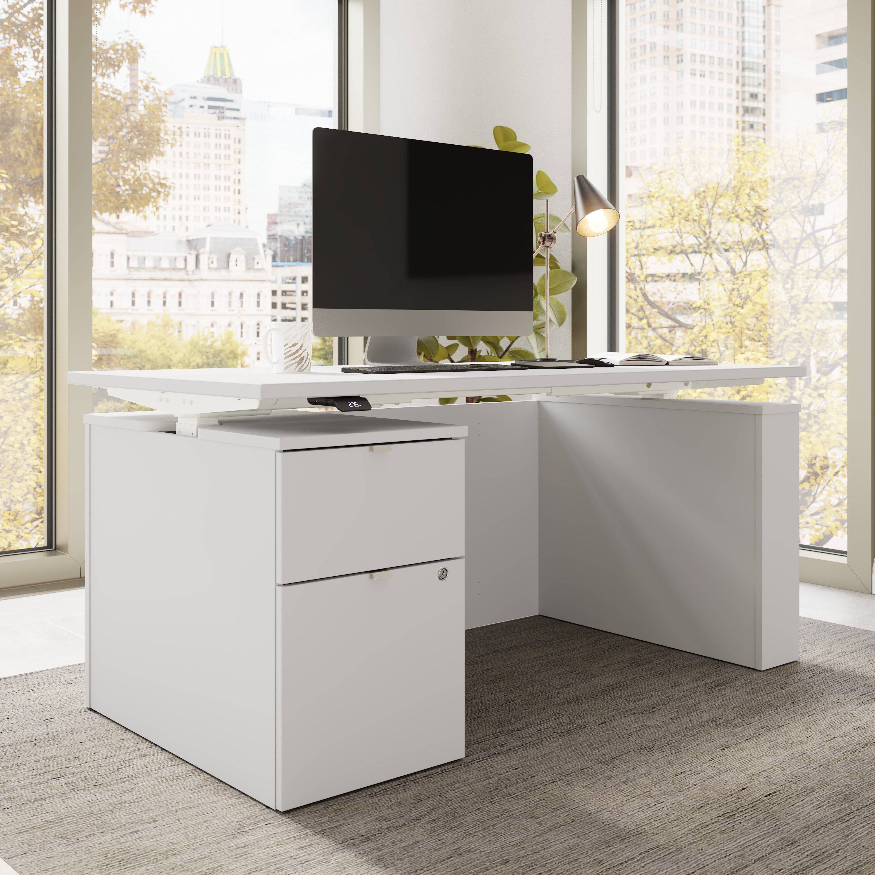 Bush Business Furniture Stratus&nbsp;60W x&nbsp;30D Eletric Height Adjustable Standing Desk with File Cabinet in White with White Base - 59.45" Width x 29.37" Depth x 27.44" Height