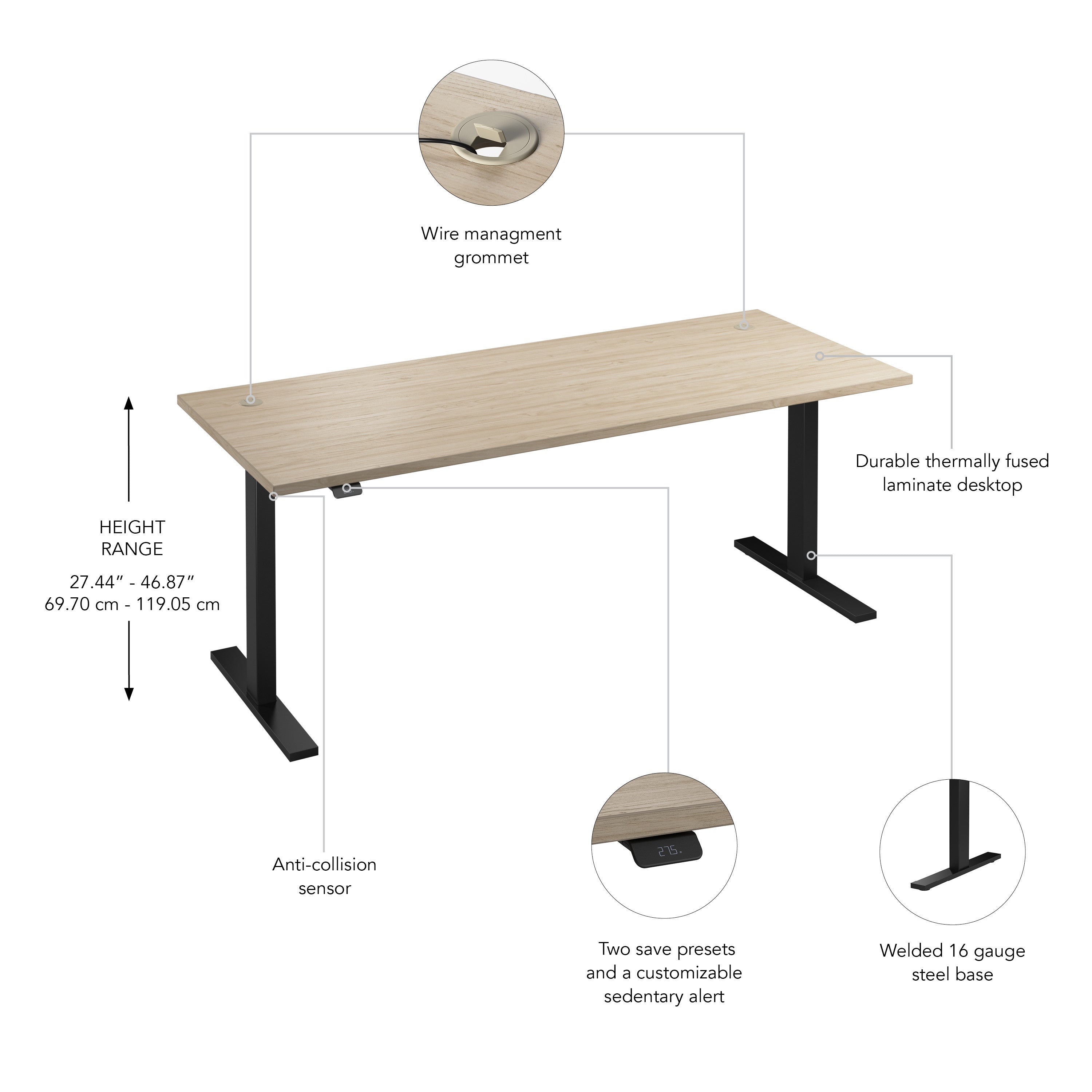 Bush Business Furniture Move 60 Series 72W x 30D Electric Height Adjustable Standing Desk in Natural Elm with Black Base - 71.02" Width x 29.37" Depth x 47.69" Height