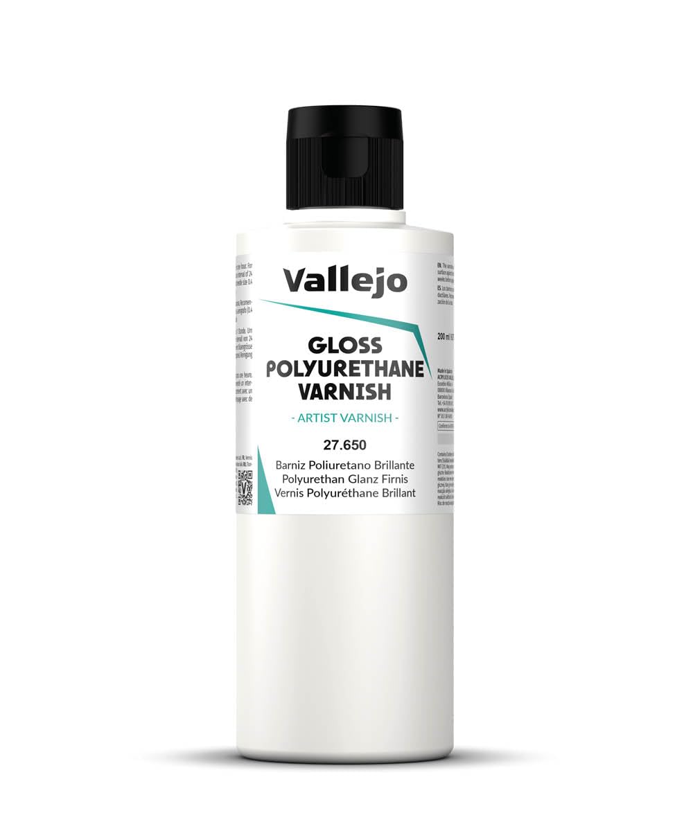 Vallejo - Polyurethane Varnish | Gloss Finish 200 ml. (6.76 fl.oz.) | Extraordinary Hardness & Permanence | Create a Perfect Clear Coat | Scratch Resistant for Outdoor and Indoor Surfaces