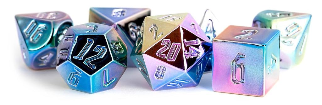 FanRoll - Rainbow Aegis Uninked: 16mm Aluminum Plated Acrylic, 7-Piece Polyhedral Metal Dice Set for Dungeons and Dragons and Other Tabletop Role Playing Games
