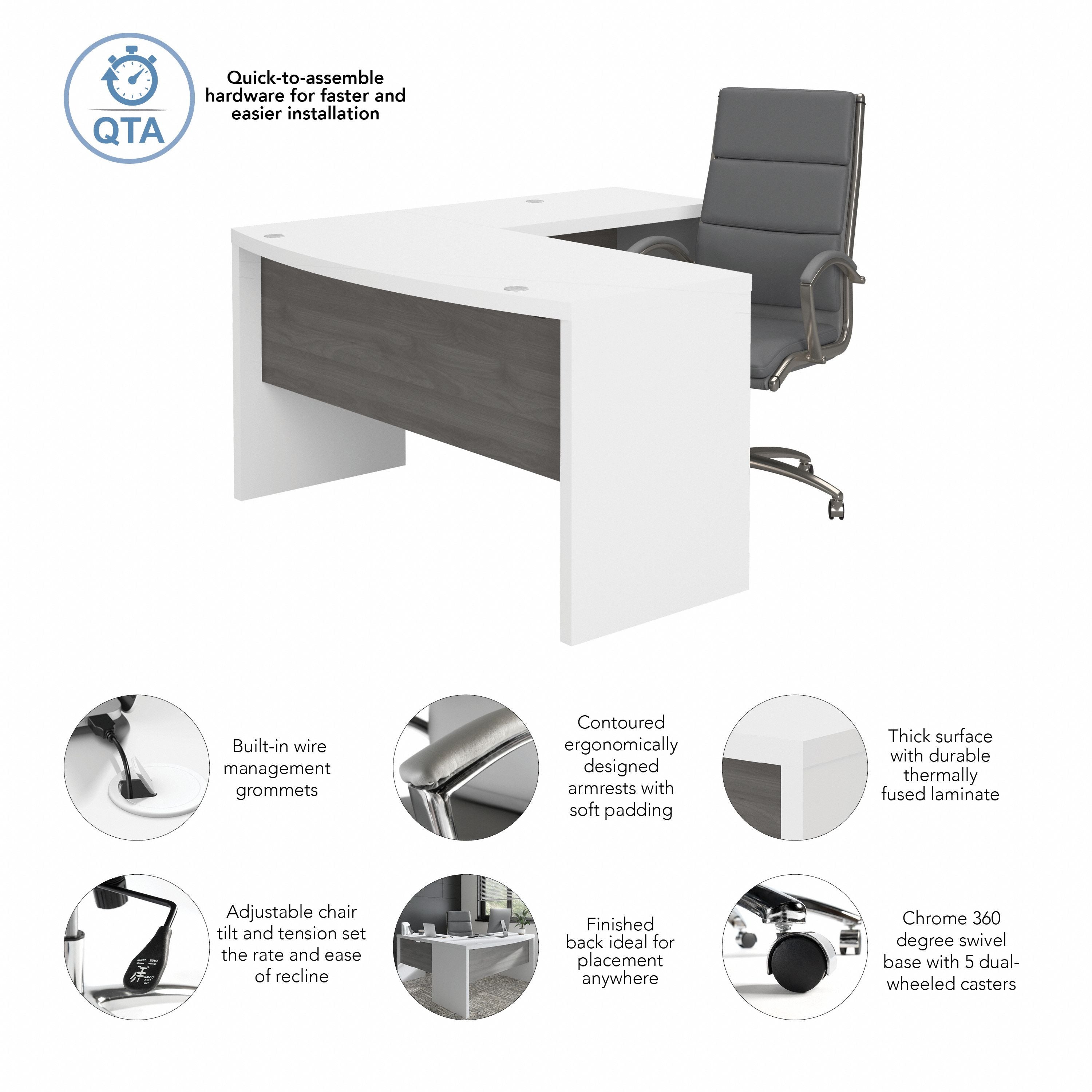 Bush Business Furniture Echo L Shaped Bow Front Desk with High Back Chair in Pure White and Modern Gray - 60" Width x 64.02" Depth x 42.91" Height