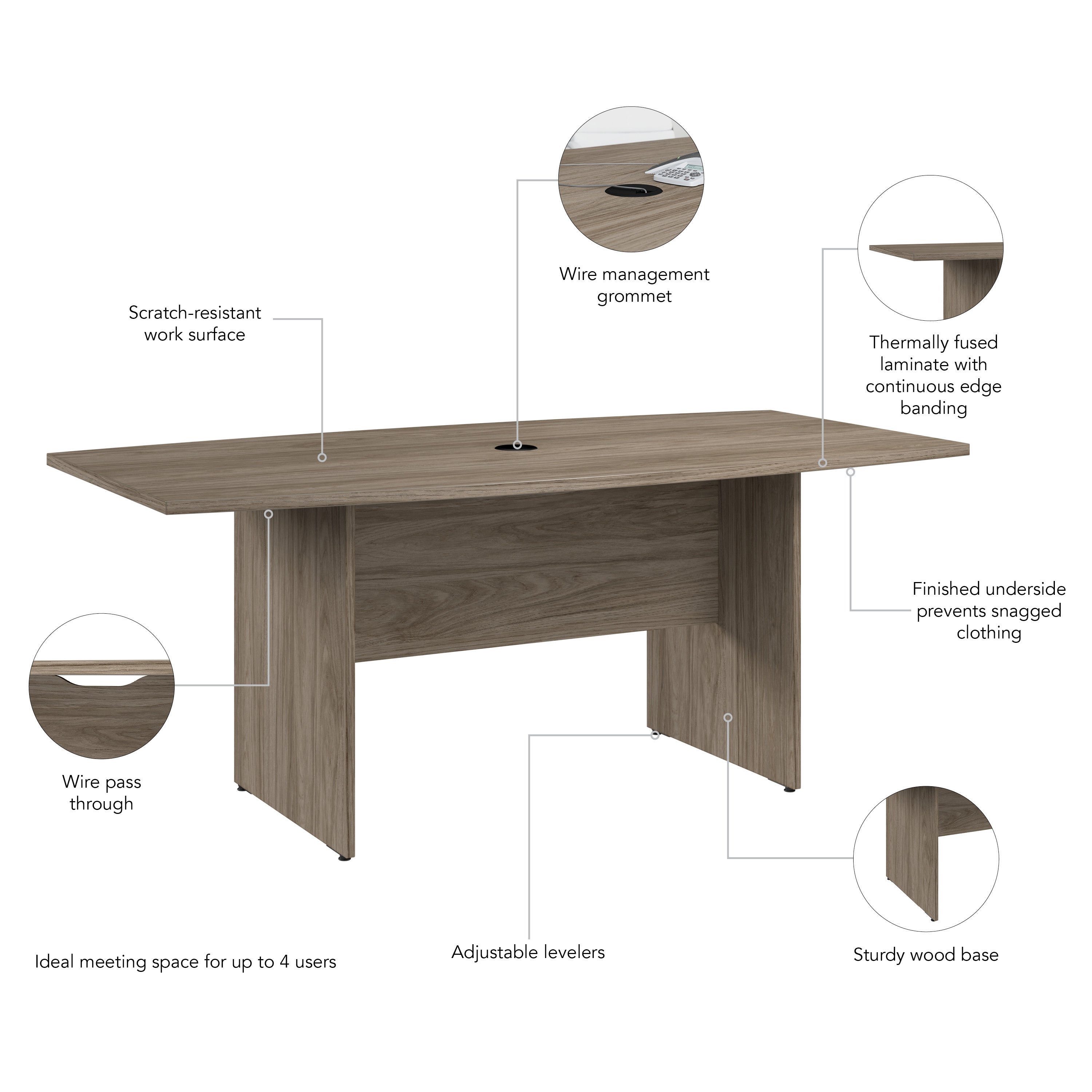 Bush Business Furniture 72-inch Office Conference Table with Wood Base in Modern Hickory - 71.53" Width x 35.98" Depth x 28.65" Height