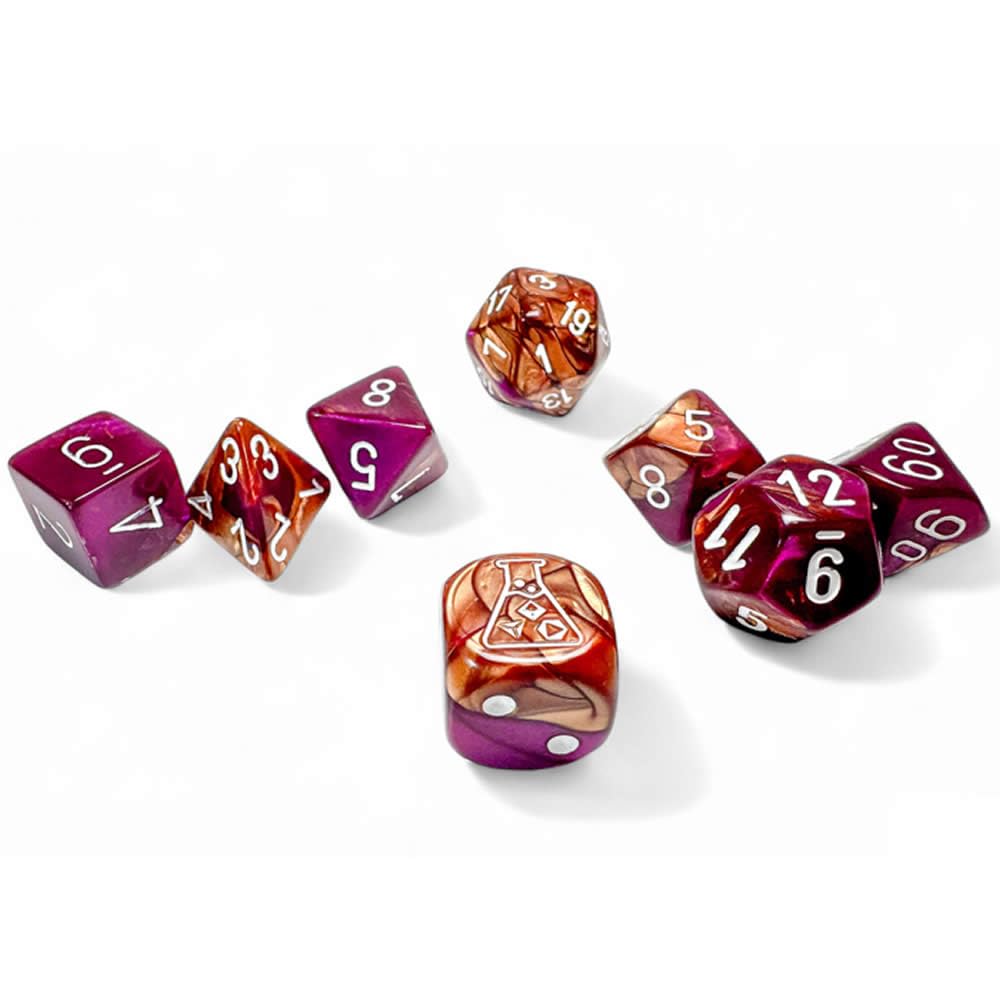 Copper Purple Gemini Dice with White Numbers 7+1 Lab Dice Set 16mm (5/8in) Chessex