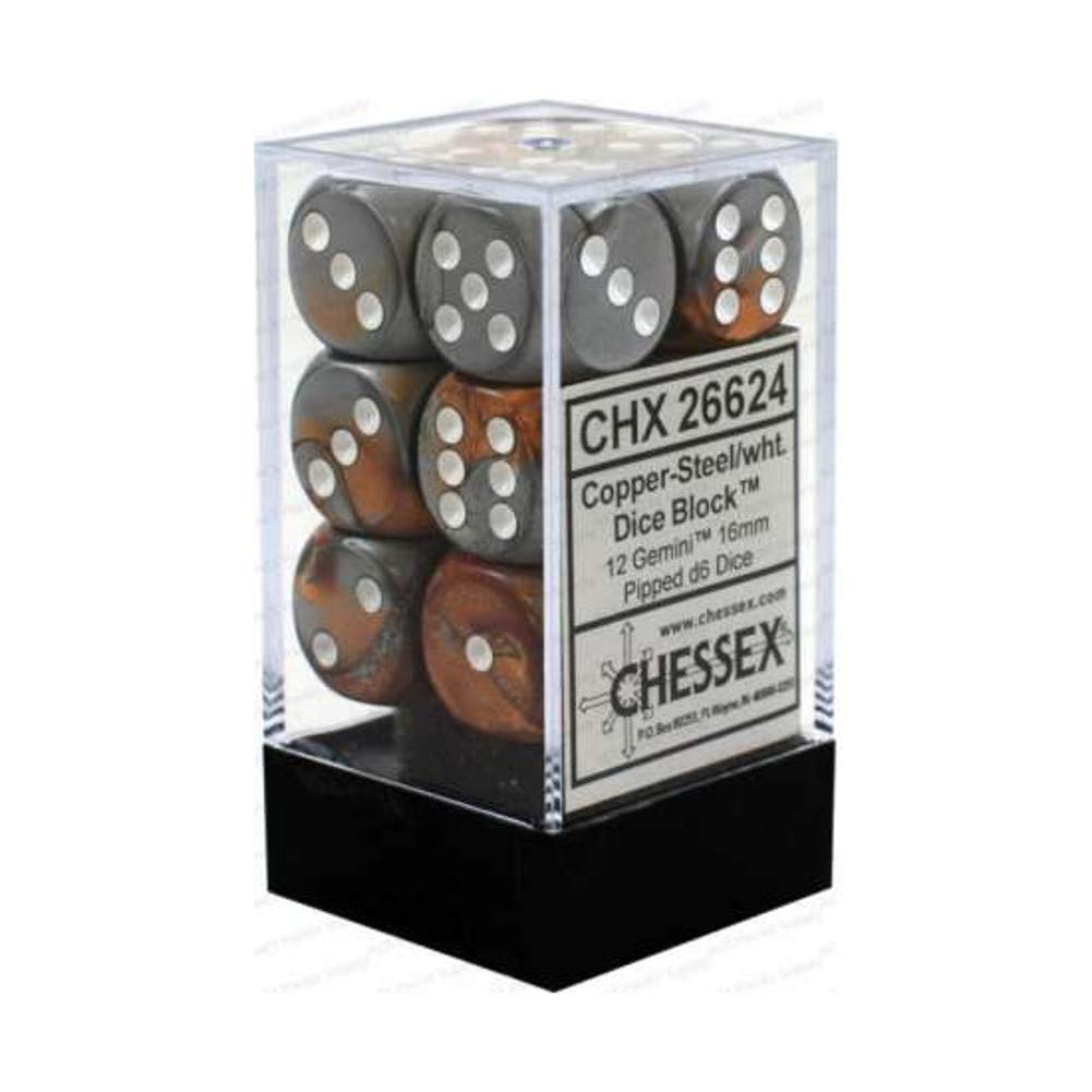 Chessex 16mm Gemini Copper, Steel & White Polyhedral Dice Set – Compatible with Dungeons & Dragons, Pathfinder & Other Tabletop RPGs – Includes 12 D6 Dice (CHX26624), One Size