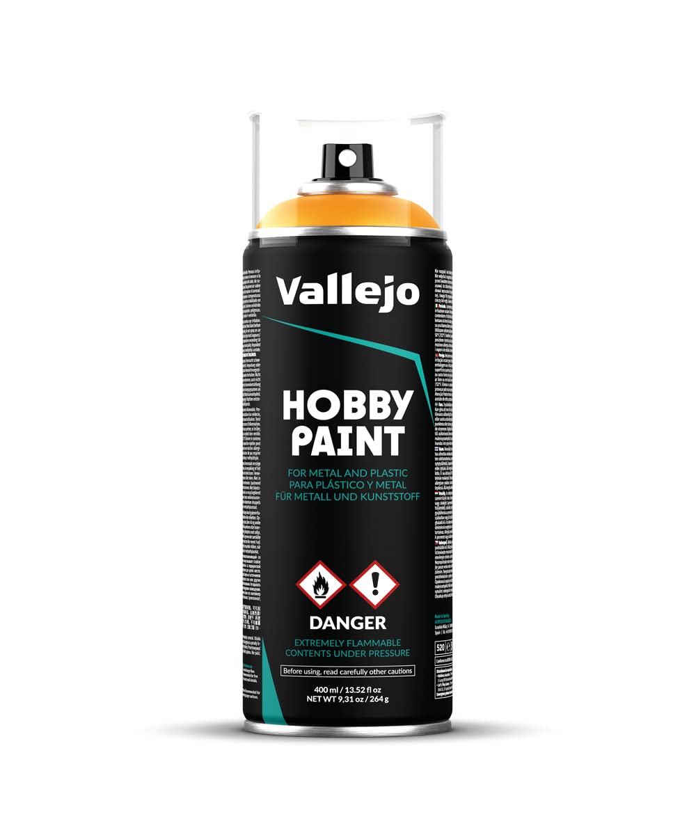 Vallejo - Hobby Paint Spray Fantasy Color | Sun Yellow 400 ml. (13.5 fl.oz.) | Creates Perfect Matt and Self Levelling Finish | Equipped with 2 Different Nozzles