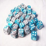 Chessex Manufacturing 26856 D6 Cube Gemini Set Of 36 Dice44; 12 mm - Steel & Teal With White Numbering