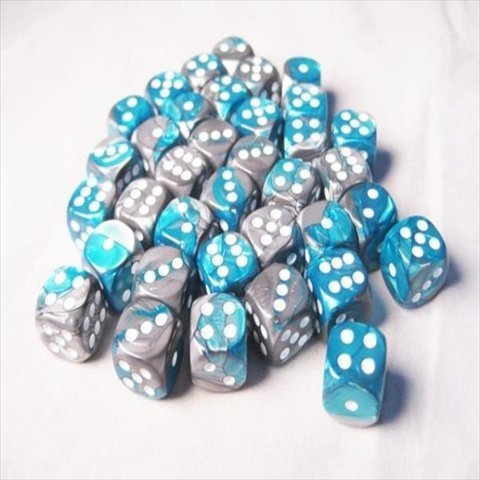 Chessex Manufacturing 26856 D6 Cube Gemini Set Of 36 Dice44; 12 mm - Steel & Teal With White Numbering