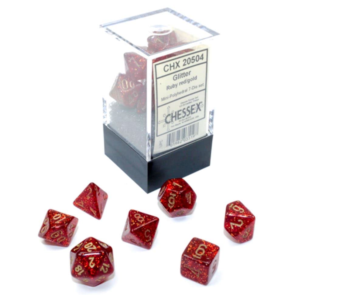 Chessex Dice Set – 10mm Glitter Red/Gold Polyhedral Dice Set – Dungeons and Dragons D&D DND TTRPG Dice – Includes 7 Dice - D4 D6 D8 D10 D12 D20 D%, (CHX20504)