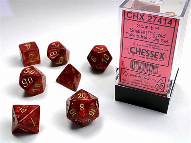 Scarlet w/gold Scarab Polyhedral Chessex 7-Die Set CHX 27414
