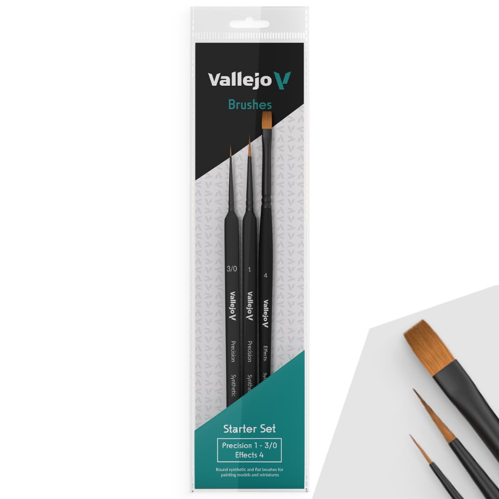 Vallejo - Starter Set | Hobby Brush Kit | Flagged Synthetic Bristles | Precision Series 1, 3/0 and Effects no. 4 | Lightweight and Ergonomic Wooden Handles | Ideal for Acrylic Detail Work