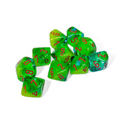 Plasma Green and Teal Gemini Luminary Dice with Orange Numbers D10 16mm (5/8in) Pack of 10 Dice Chessex