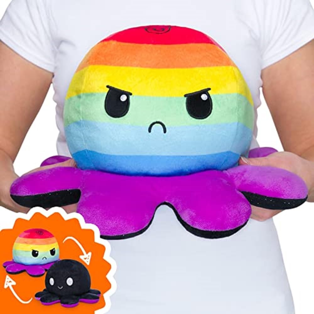 TeeTurtle - Original Reversible Big Octopus Plushie - Angry Fire Eyes - Huggable and Soft Sensory Fidget Toy Stuffed Animals That Show Your Mood - Gift for Kids and Adults!