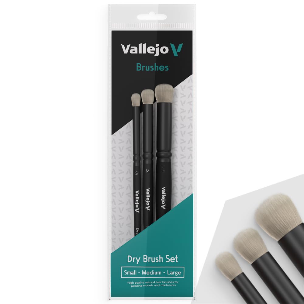 Vallejo - Dry Brush Set | Natural Hair Detailing Brushes | Set for Miniature Model Painting | Sizes Small, Medium, Large | Lightweight and Ergonomic Wooden Handles | Art Supplies