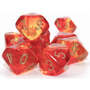 Wondertrail Translucent Red and Yellow Gemini Dice with Gold Numbers D10 16mm (5/8in) Pack of 10 Dice Chessex, Oxi-Copper Marble