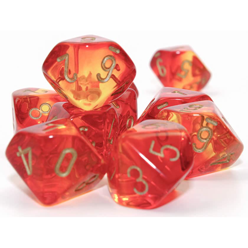 Wondertrail Translucent Red and Yellow Gemini Dice with Gold Numbers D10 16mm (5/8in) Pack of 10 Dice Chessex, Oxi-Copper Marble