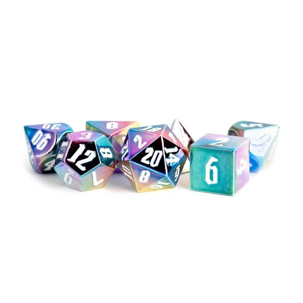 FanRoll 16mm Aluminum Plated Acrylic Poly DND Dice Set: Rainbow Aegis w/White Numbers, Role Playing Game Dice for Dungeons and Dragons
