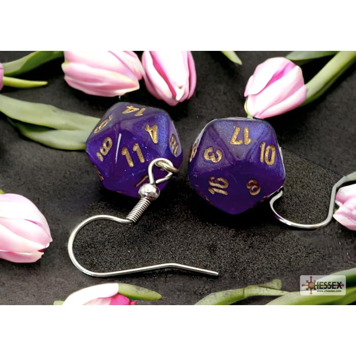 Chessex 54212 Borealis Mini-Poly D20 Hook Earrings, Royal Purple (Pair)