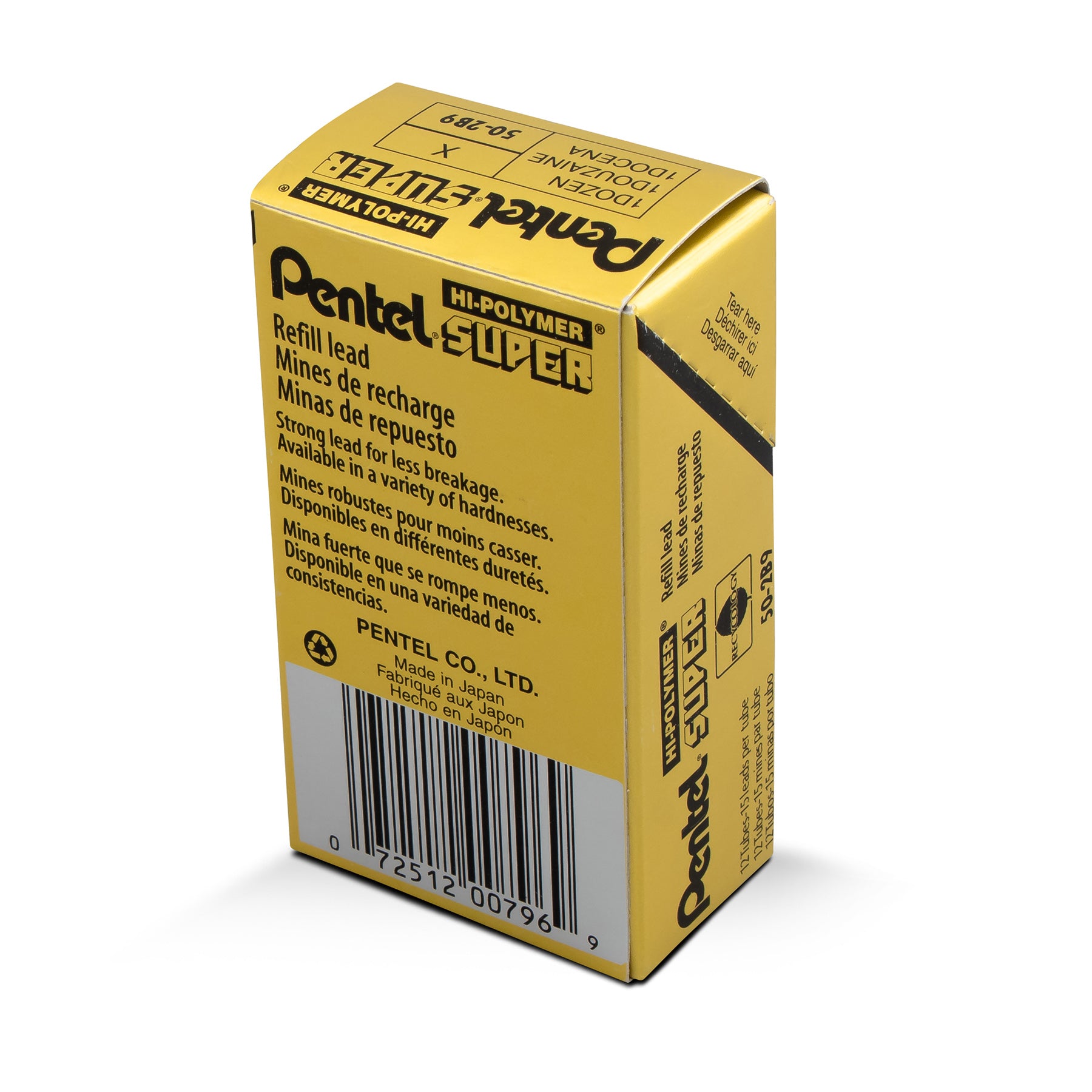 Super Hi-Polymer Lead Refill (0.9mm) Thick, 2B, 15 Pieces/Tube, 12 Tubes/Box