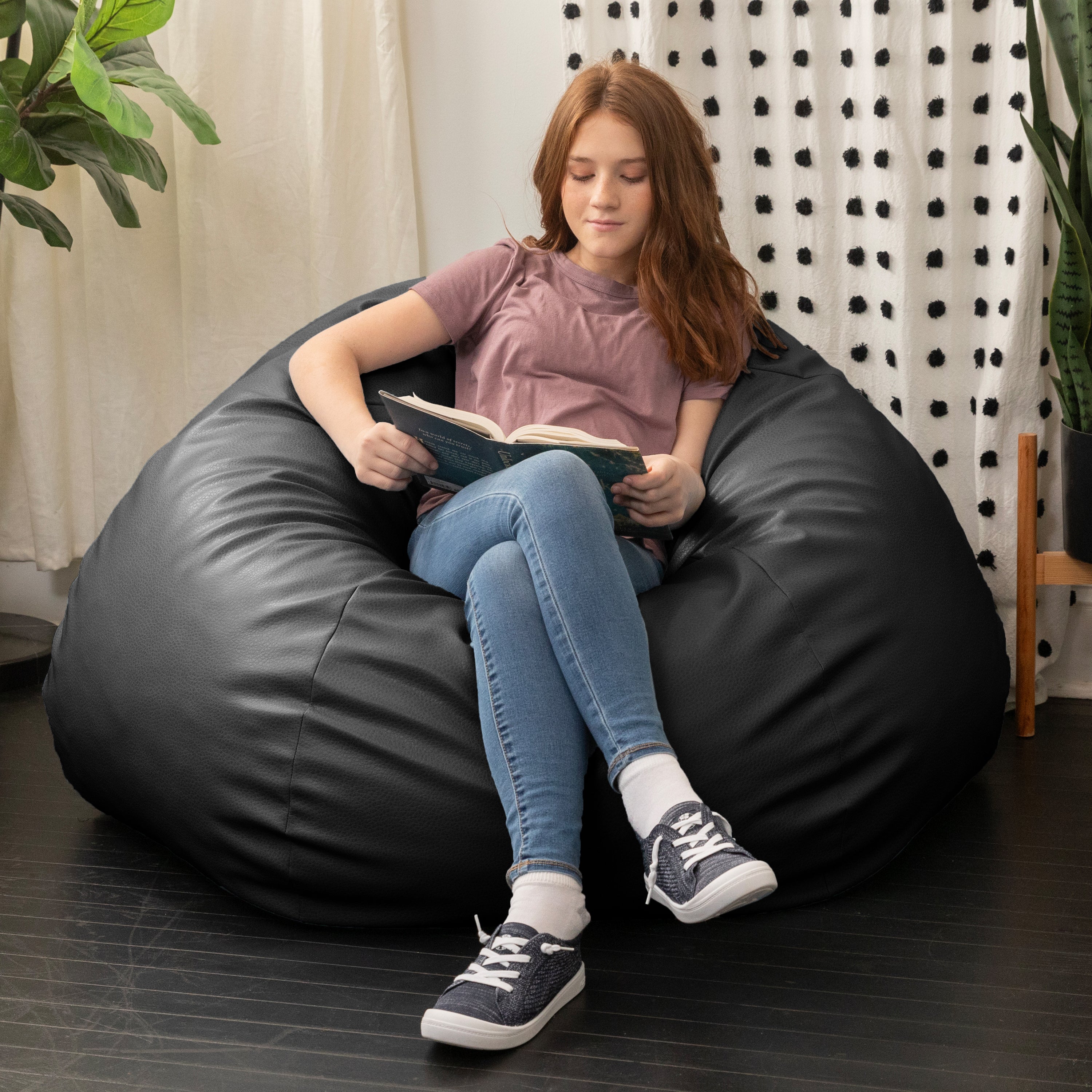 Atrium Collection Pazi Pod - Designer Foam Bean Bag Chair for Home Theaters, Offices, Schools, Reception & Waiting Rooms - Faux Leather - Black