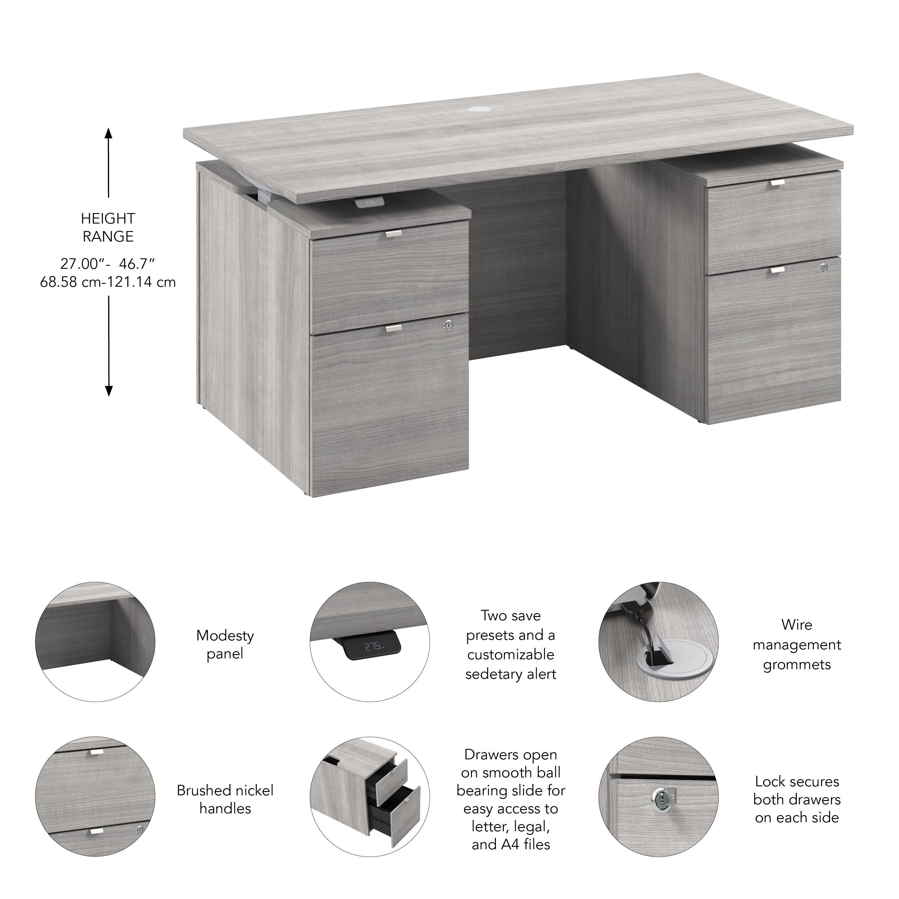 Bush Business Furniture Stratus&nbsp;60W x&nbsp;30D Electric Standing Desk with Drawers and Modesty Panel in Platinum Gray with Metallic Gray Base - 59.45" Width x 29.37" Depth x 27.44" Height