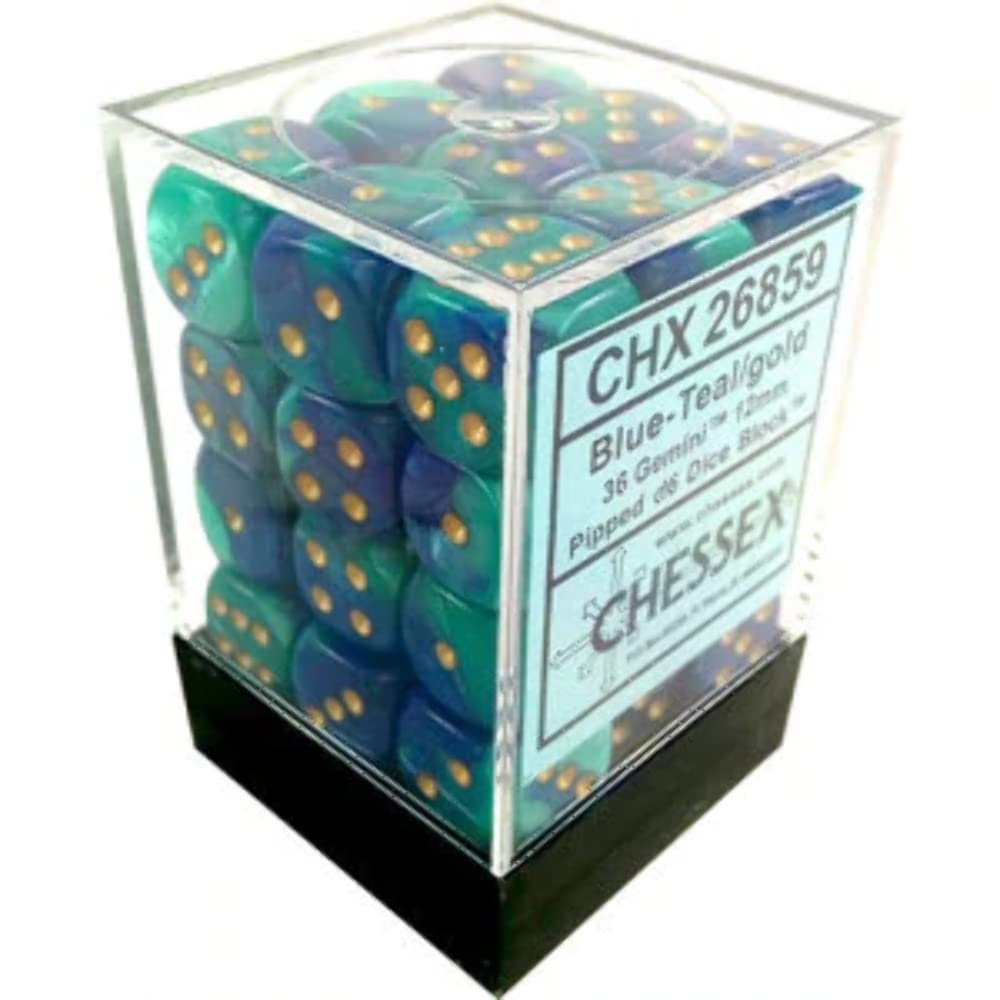 DND Dice Set-Chessex D&D Dice-12mm Gemini Blue, Teal, and Gold Plastic Polyhedral Dice Set-Dungeons and Dragons Dice Includes 36 Dice – D6