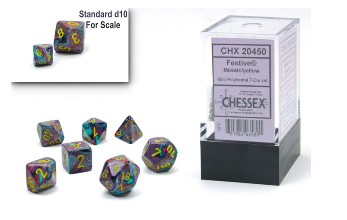 Chessex Dice Set – 10mm Festive Mosaic/Yellow Plastic Polyhedral Dice Set – Dungeons and Dragons D&D DND TTRPG Dice – Includes 7 Dice - D4 D6 D8 D10 D12 D20 D%,CHX20450
