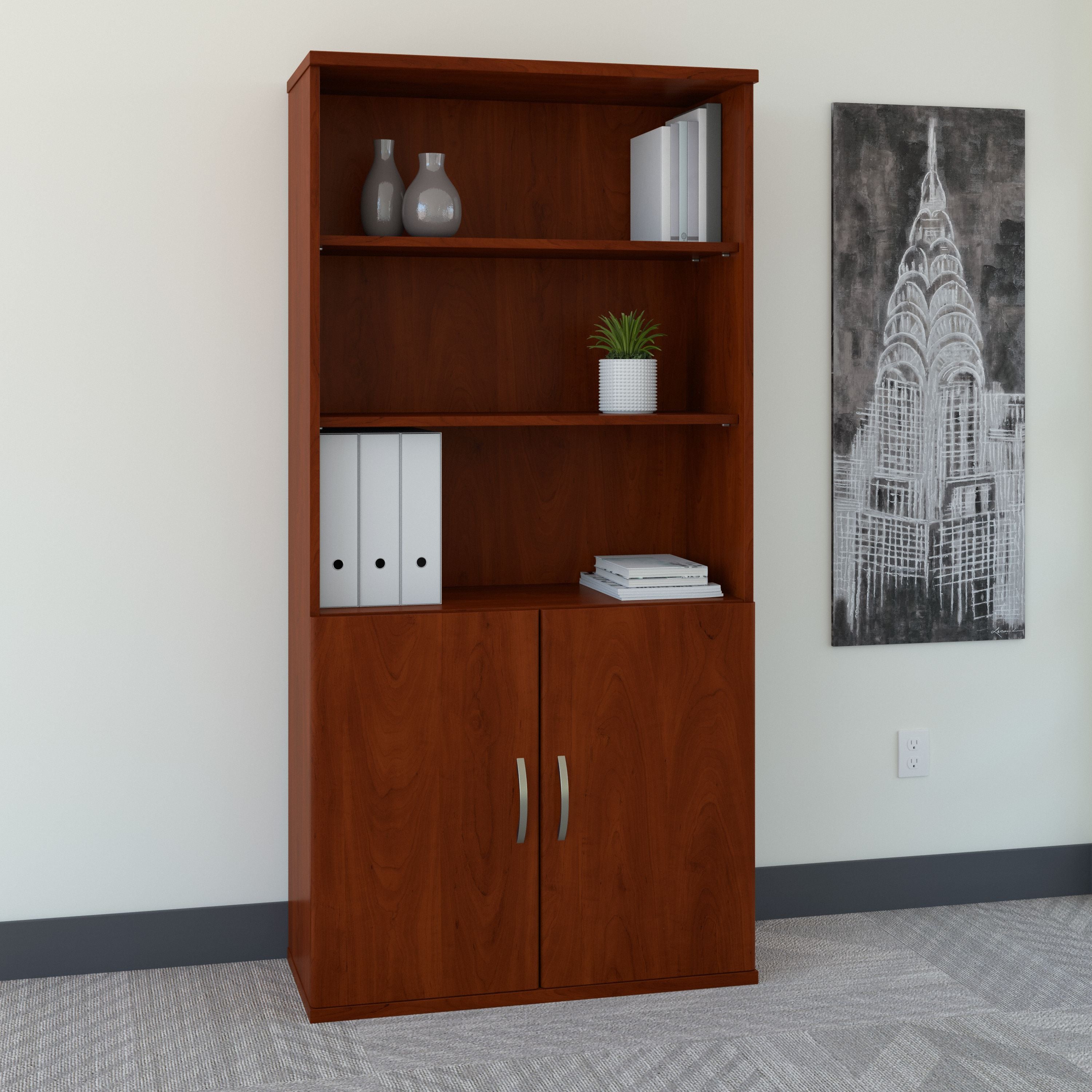 Bush Business Furniture Series C 36W 5 Shelf Bookcase with Doors in Hansen Cherry - 35.71" Width x 15.35" Depth x 72.8" Height