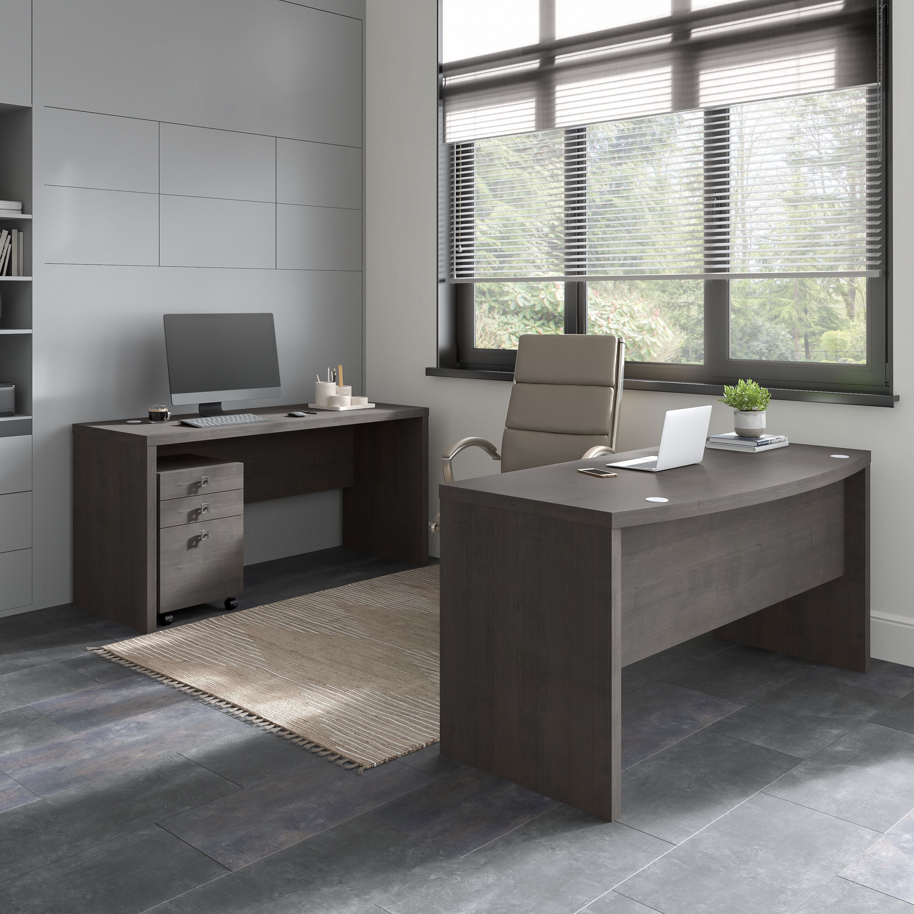 Bush Business Furniture Echo Bow Front Desk and Credenza with Mobile File Cabinet in Charcoal Maple - 60" Width x 87.26" Depth x 30" Height